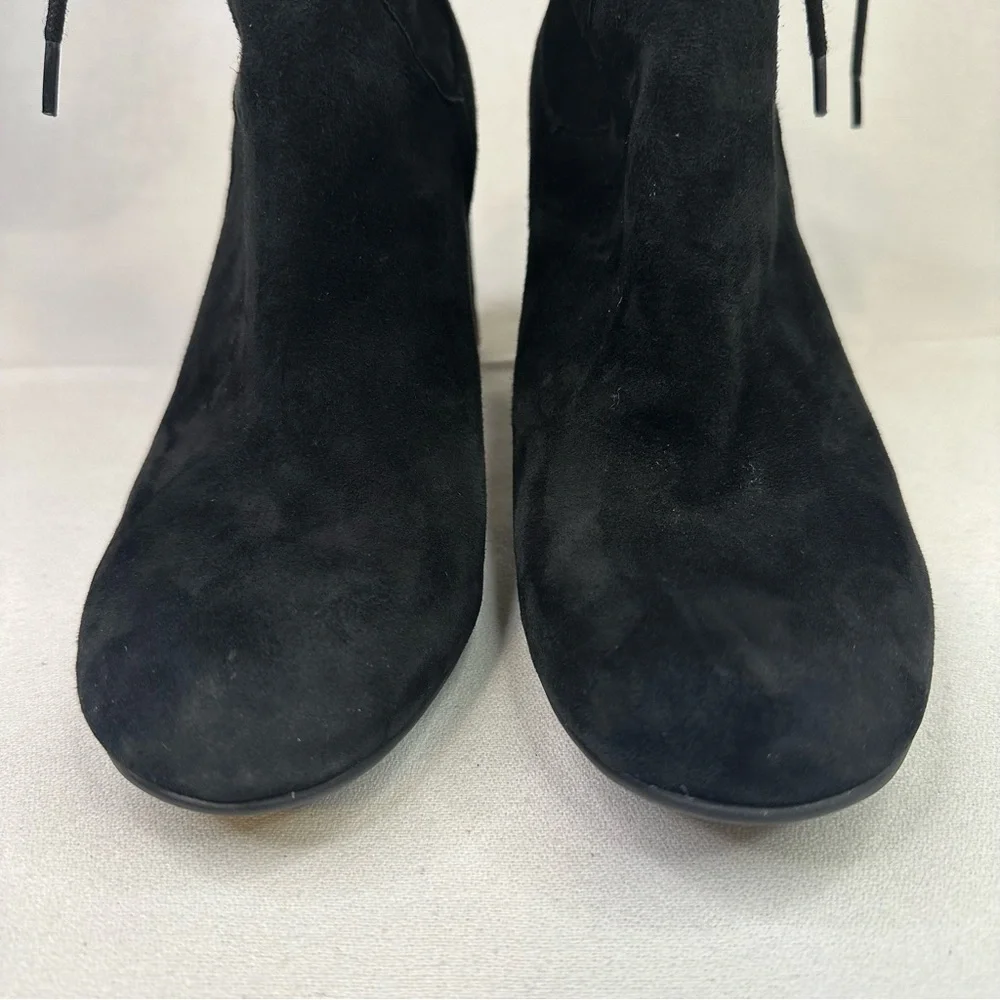 Black Suede Ankle Boots Block Heel Lace Back Zip Booties Size 7.5M Leather Upper